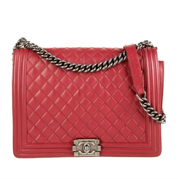 CHANEL Large Red Leather Boy Chain Link Shoulder Crossbody Bag Purse Diamond